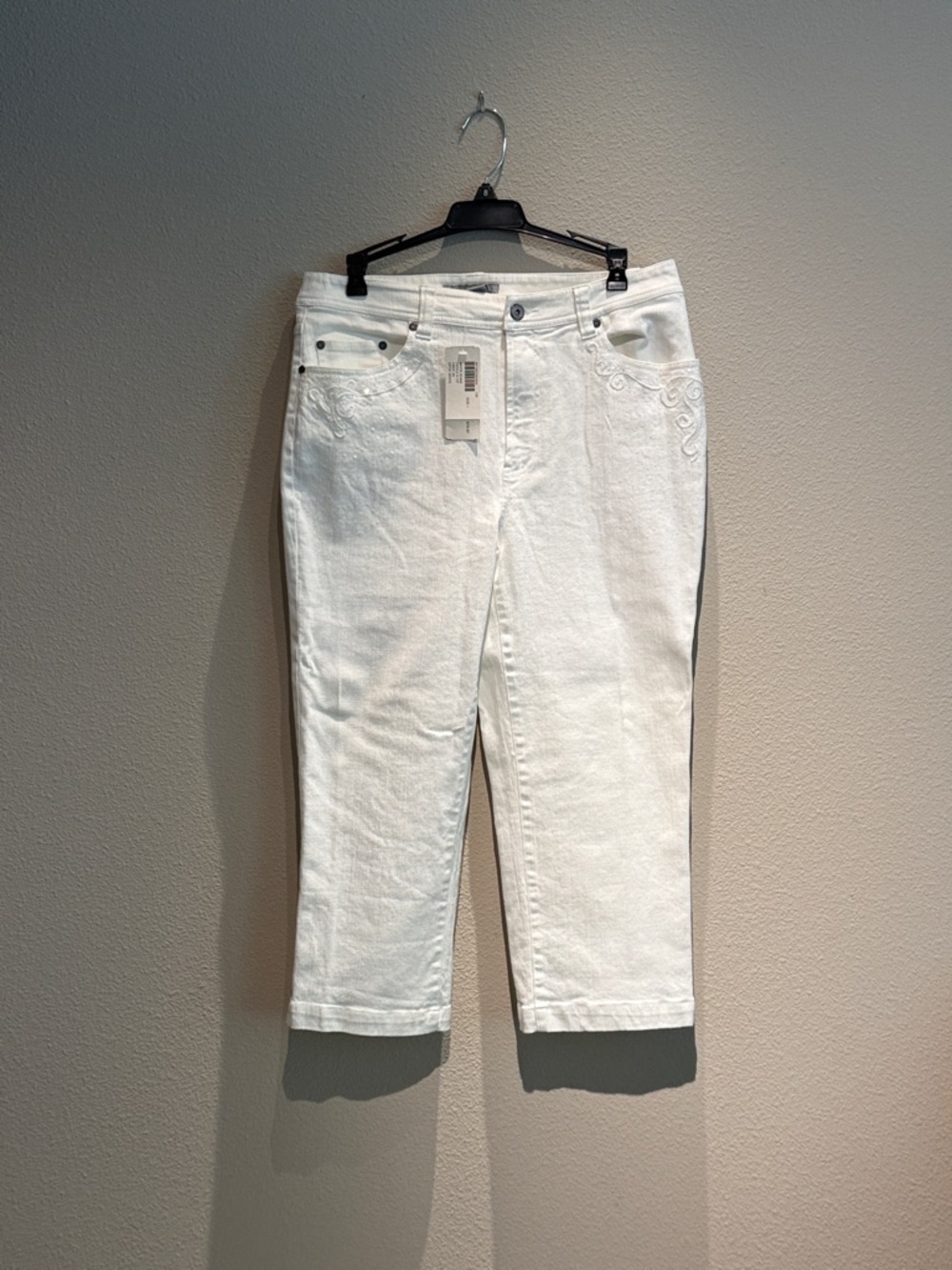 Chico's White Ankle Crop Jeans with Bling detail